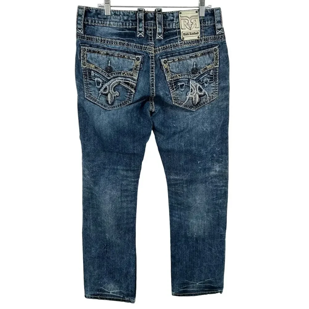 Men's Distressed Rock Revival Pruitt Straight Leg Blue Denim Jeans Embroidered